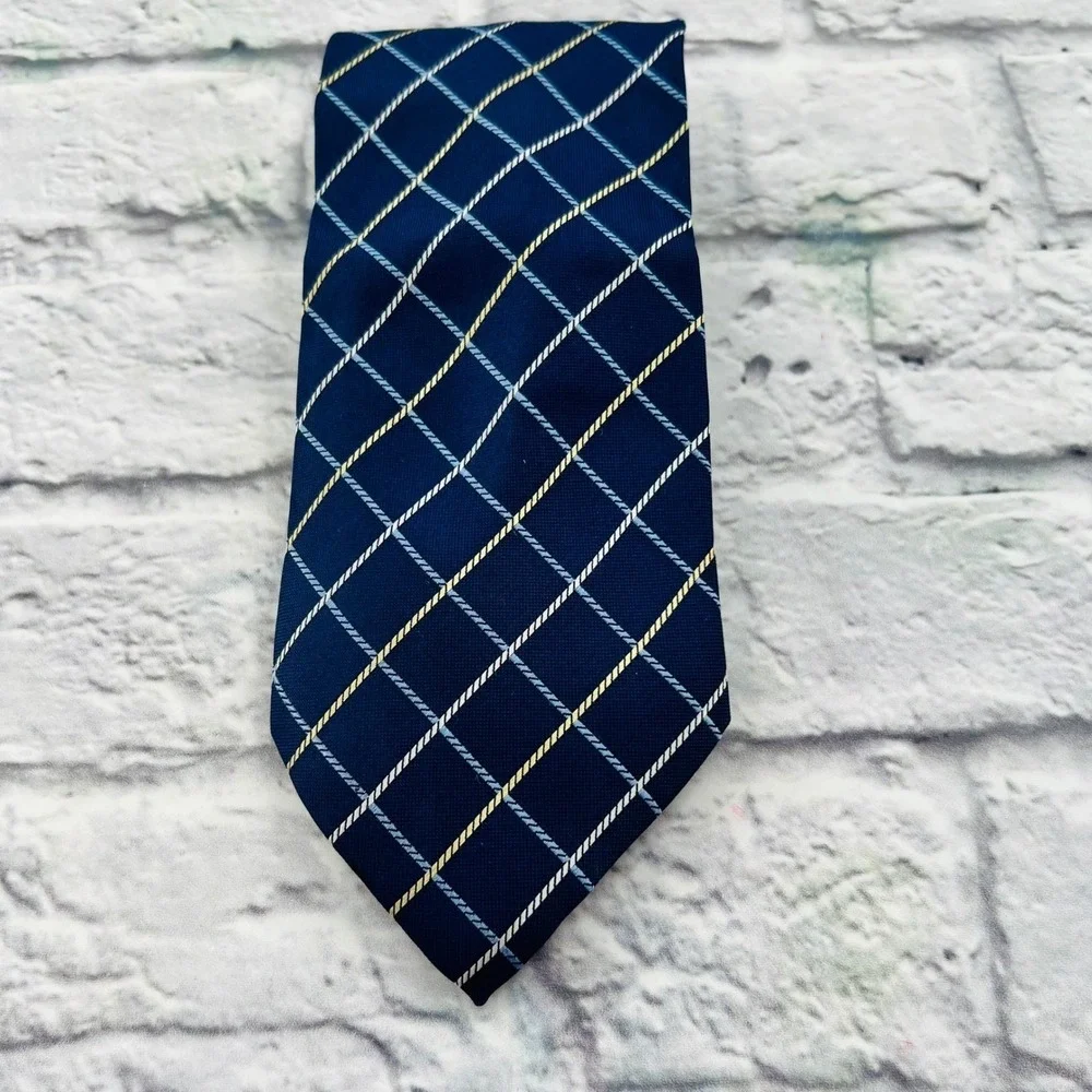 Magic Johnson Signature Silk Necktie Mens Dark Blue Plaid Formal Business Casual
